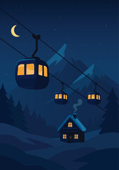Winter night, winter landscape, mountain with snow and ski lifts