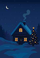 christmas night landscape, house in the snow with tree