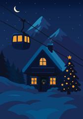Winter night, winter landscape, mountain with snow. Ski resort, houses in the mountains. Ski lifts
