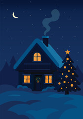 Christmas night in the village. Christmas tree and snow