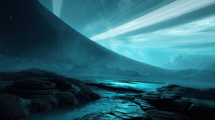 Giant ringed planet looming overhead, glowing swirling rings, alien rocky terrain with bioluminescent cracks and misty atmosphere