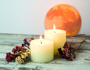 Two candles, dried flowers, orange moon