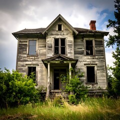 Abandoned farmhouse under stormy sky