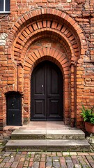 Ancient brick archway with dark wooden door