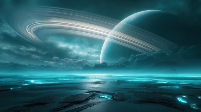 Giant ringed planet looming overhead, glowing swirling rings, alien rocky terrain with bioluminescent cracks and misty atmosphere