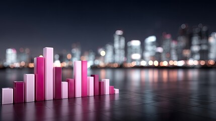 Glimmering Financial Bar Graph Against City Skyline with Pink and Metallic Purple Gradient in Dark Ambience