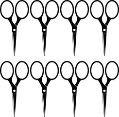 Eight black silhouette scissors arranged in two rows