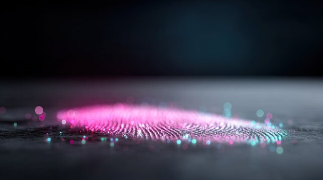 Glowing Holographic Fingerprint on Dark Surface with Pink and Teal Light Points Futuristic Technology Concept on Dark Background - Powered by Adobe