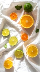 Citrus fruits, sliced, on white fabric