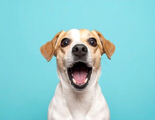 Excited dog with open mouth against teal