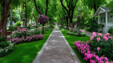 Obraz premium Garden Path Lined with Pink Flowers and Lush Green Trees on Sunny Day