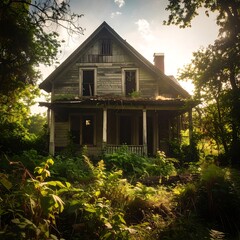Abandoned house in overgrown yard bathed in sunlight