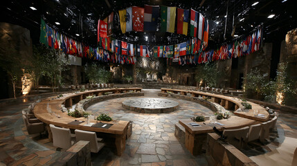 Global leaders convene for climate change summit with prepared seating and national flags
