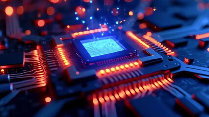 Close-up view of a glowing microchip surrounded by intricate circuitry and vibrant lights, showcasing technology - Powered by Adobe