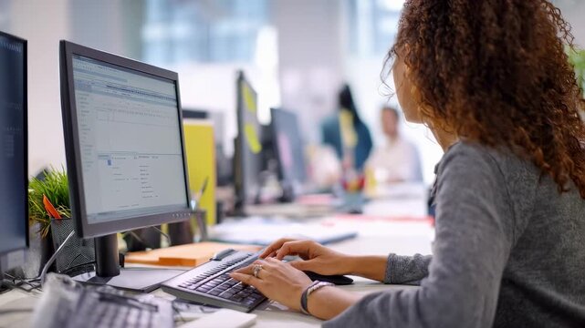 Medium shot of a payroll specialist confirming sameday direct deposit settings on a computer ensuring fast payment processing for employees.