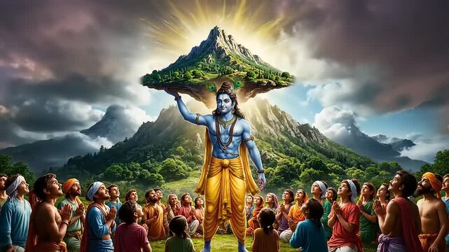 Krishna lifts Govardhan Hill.