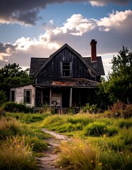 Abandoned house on a grassy path