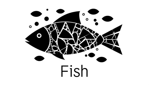 Stylized black fish graphic with geometric design