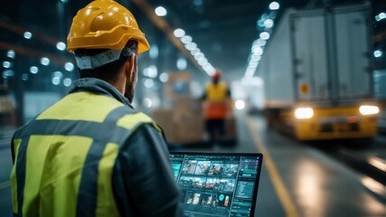 Medium shot of a logistics coordinator tracking international beer shipments on a digital screen with blurred warehouse workers in the background for rail transport.