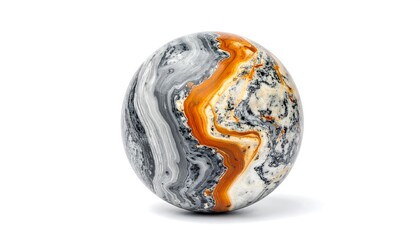 Ornate, sphere-shaped stone, with swirling patterns of gray, white, and orange