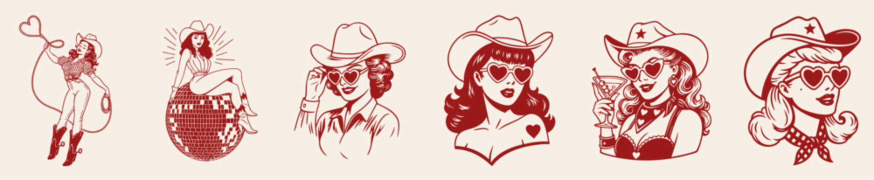 Vintage western cowgirl pinup set, stylish American retro women portraits from 50s 60s and 70s fashion era