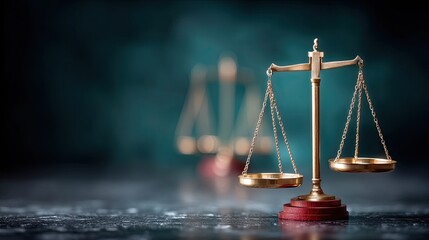 Golden Justice Scales Symbolizing Law and Legal Concepts on Dark Reflective Surface with Moody Lighting