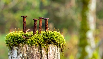 Rusted nails in mossy wood post