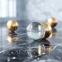 Golden Spheres Pile on Marble Surface Reflective Balls Metallic Orbs Polished Texture Abstract Composition Elegant Still Life High Key Lighting