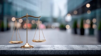 Golden Scales of Justice on Marble Surface with Blurred Modern Office Building Exterior in Background