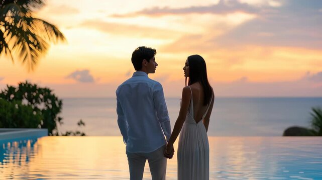 Couple Holding Hands by Tropical Infinity Pool, Gazing at Breathtaking Sunset Over Ocean, Creating Romantic Silhouette with Warm Colors Reflecting on Water
