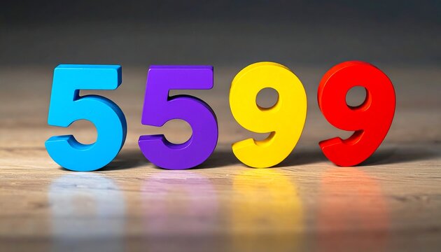 Four colorful, three-dimensional numbers on a wooden surface. Numbers are blue, purple, yellow, and red. The numbers are in a row, forming the sequence 5599