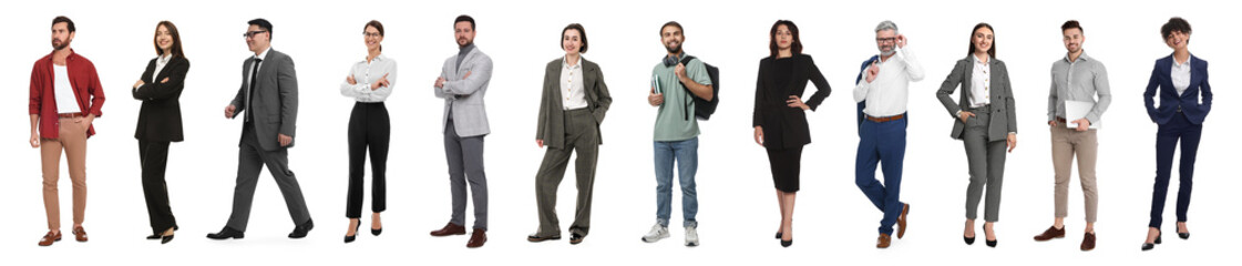 Group of different men and women on white background