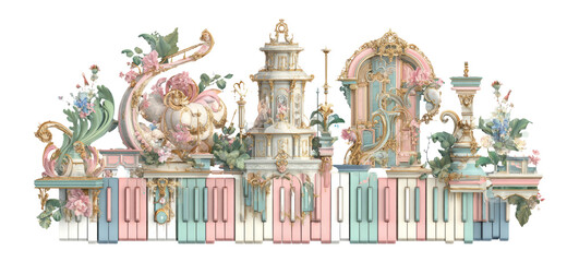 Elegant Floral Piano Decoration with Architectural Elements and Pastel Colors