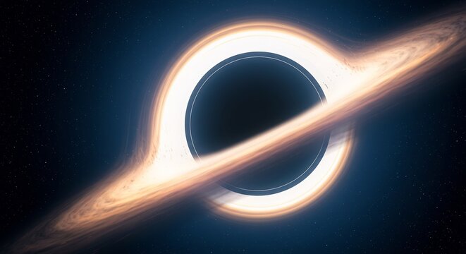 Glowing accretion disk swirls around a supermassive black hole in deep space.. AI Generated