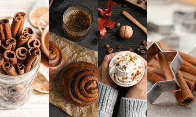 Cinnamon, collage with aromatic spice added to food and drink