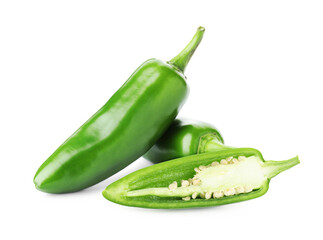 Fresh green jalapeno peppers isolated on white. Whole and sliced