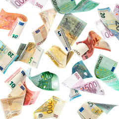 Money (euro bills) flying against white background