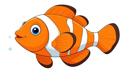 Cartoon clownfish, orange and white striped, profile view