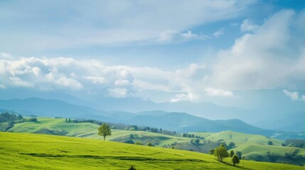 Fototapeta premium Rural Nature Landscapes: Summer Green Meadows, Spring Forest Hills & Panoramic Mountain Views
