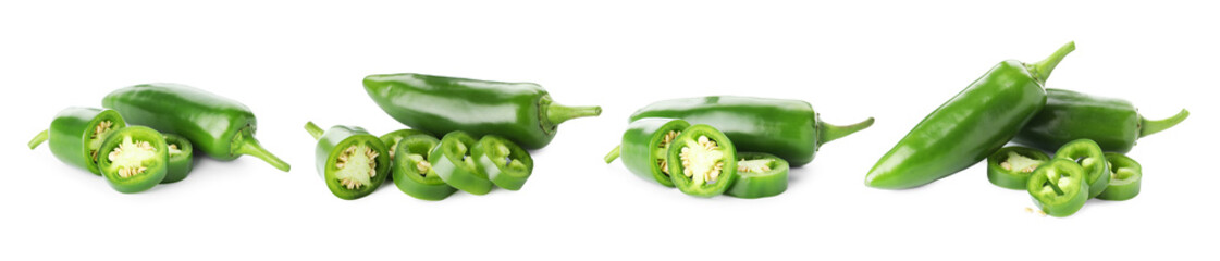 Fresh green jalapeno peppers isolated on white, set