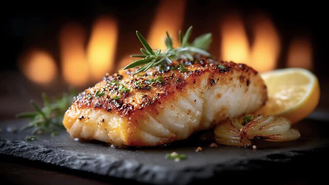 Pan-fried Cod with Lemon, Gourmet Close-up with Flame Background