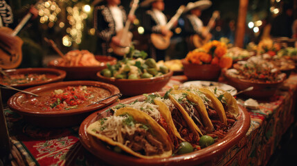 Fototapeta premium Delicious spread of traditional Mexican cuisine featuring tacos garnished with fresh cilantro, vibrant salsas, and accompanied by lively mariachi musicians in the background.
