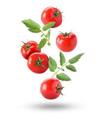 Fresh ripe tomatoes and green leaves falling against white background