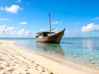 Obraz premium Traditional Maldivian dhoni fishing boat anchored near a sandy beach, calm lagoon waters under bright daylight