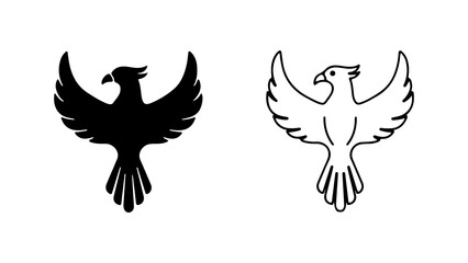 Stylized Phoenix Bird Silhouette and Outline Icon Set.
