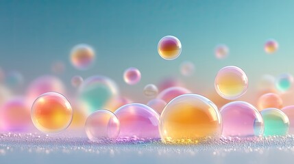 Abstract Transparent Water Bubbles Floating with Pastel Color in Blurred Background for Science Concept Realistic Render with High Resolution