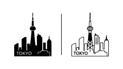 Obraz premium Tokyo skyline silhouette and outline with iconic tower.