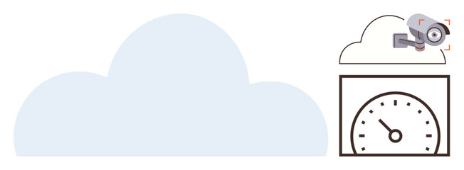 Large cloud, surveillance camera, and speedometer illustrating cloud storage, data security, and performance monitoring. Ideal for cloud computing, cybersecurity, technology, analytics data