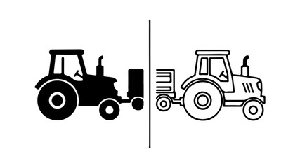 Tractor with trailer icon set in silhouette and outline style.