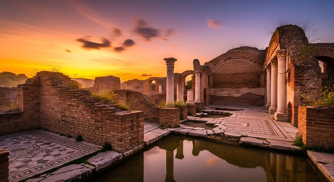 Ancient ruins at sunset.